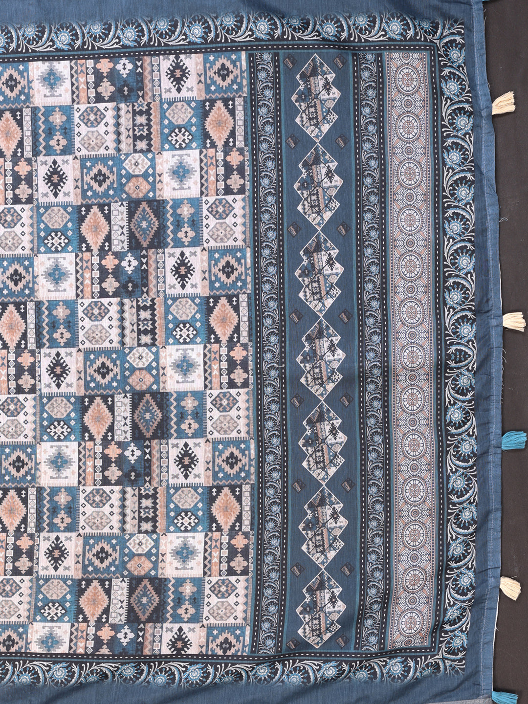 Stylish White Chanderi Saree with Digital Geometric Print  Grey & Sky Blue Accents ๐ฅ | Lightweight Designer Saree with Matching Blouse Piece  โ 5.5 Meters